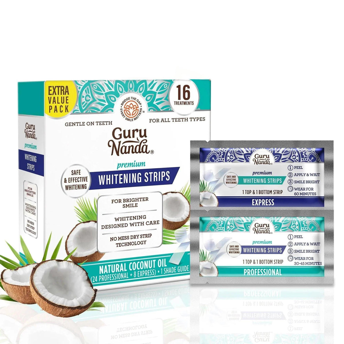 Hydrogen Peroxide Whitening Strips 16 Treatments – Non-Slip Dry Strip Technology, Coconut Extract, 12 Professional + 4 Expres