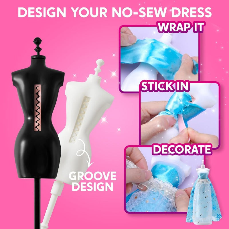 Fashion Design Kit for Girls 400+ Pieces, 3 Mannequins 21 Fabrics Ribbons Trims No-Sew DIY Dress Up Craft Set — image 5