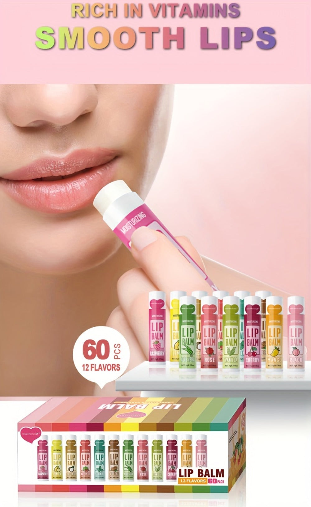 60-Piece Tube Lip Balm Set with 12 Pictured Flavor Labels in a Multicolor Display Box Assortment — image 13