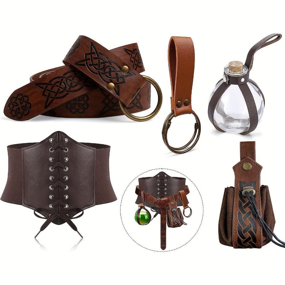 Medieval Costume Accessories Set 5-Piece, Corset Belt, Renaissance Belt Bag, Cork Potion Bottle & More for Halloween — image 