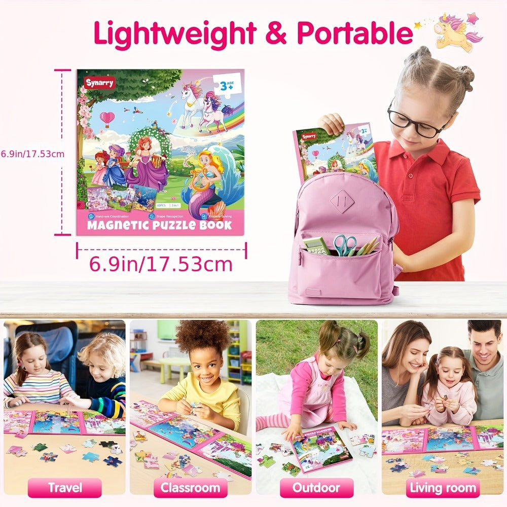 Magnetic Puzzle Book for Girls 3 4 5 6, 3-in-1 Unicorn Mermaid Princess Travel Puzzles, 20 Pieces Folding Magnetic Jigsaw for