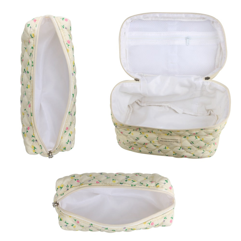 Quilted Floral Makeup Bag Set 3PCS Large Capacity Dual Layer Cotton Cosmetic Bags Coquette Aesthetic Travel Toiletry Organize