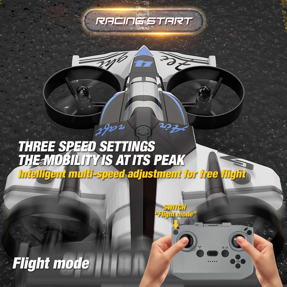 Two-in-One RC Drone and Ground Car with White Body, Two Batteries and Propeller Guards for Indoor Play — image 9