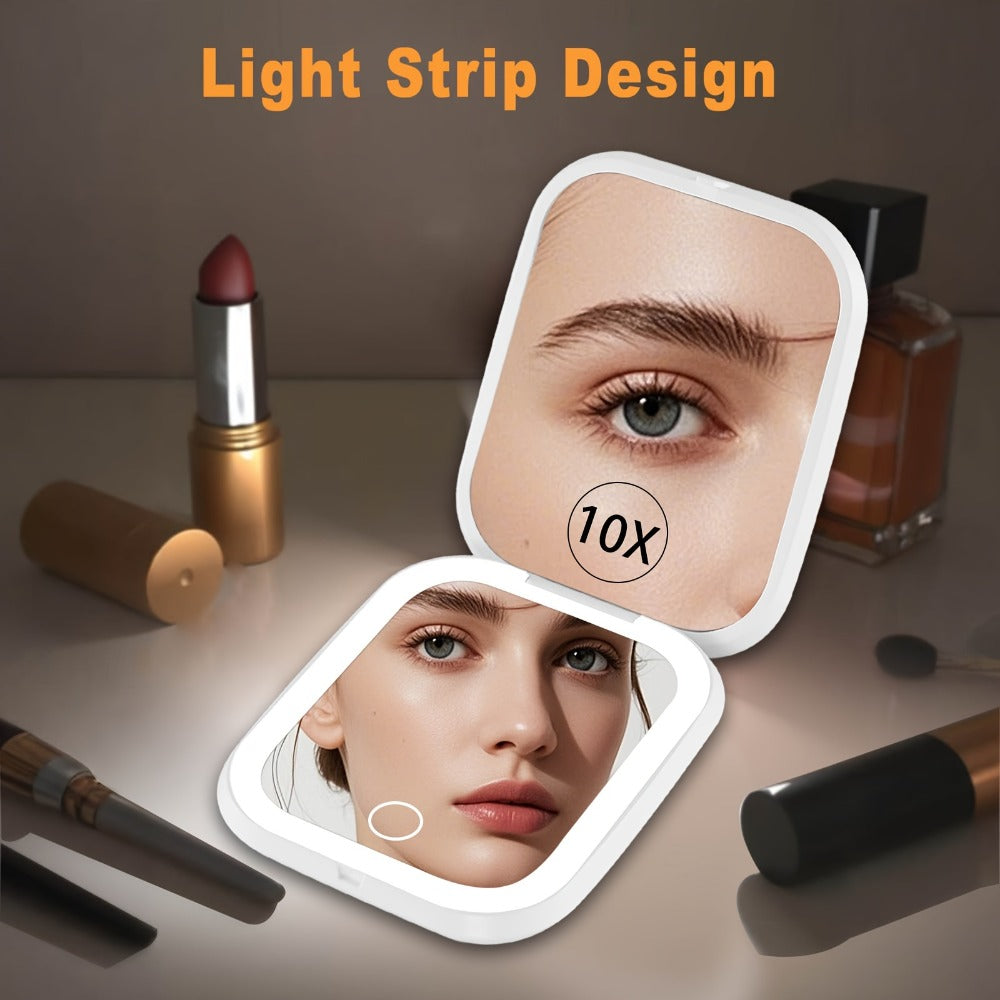 Rechargeable Pink or White LED Compact Mirror with 1X and 10X Views, Three Light Modes and Touch Dimming — image 1