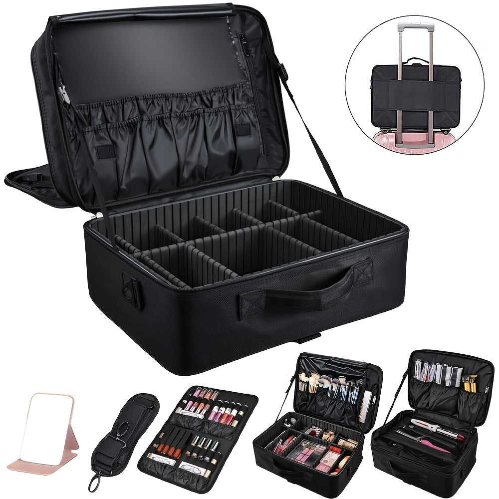 Black 15.8-Inch Soft Makeup Train Case with Three-Layer Interior, Brush Panel and Shoulder Strap — image 8