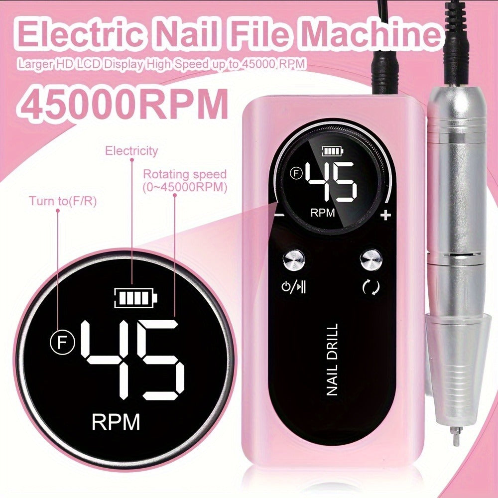Electric Nail Drill 45000 RPM Cordless Kit with Power Display, Adjustable Speed and Three Colors — image 8