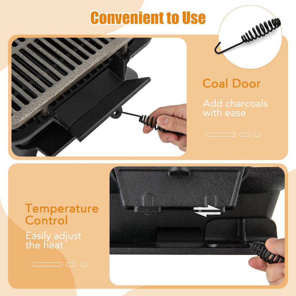 Cast Iron Charcoal Grill Portable Hibachi Tabletop BBQ Grill 16x11in Double-Sided Grate for Grilling, Camping and Outdoor Mea