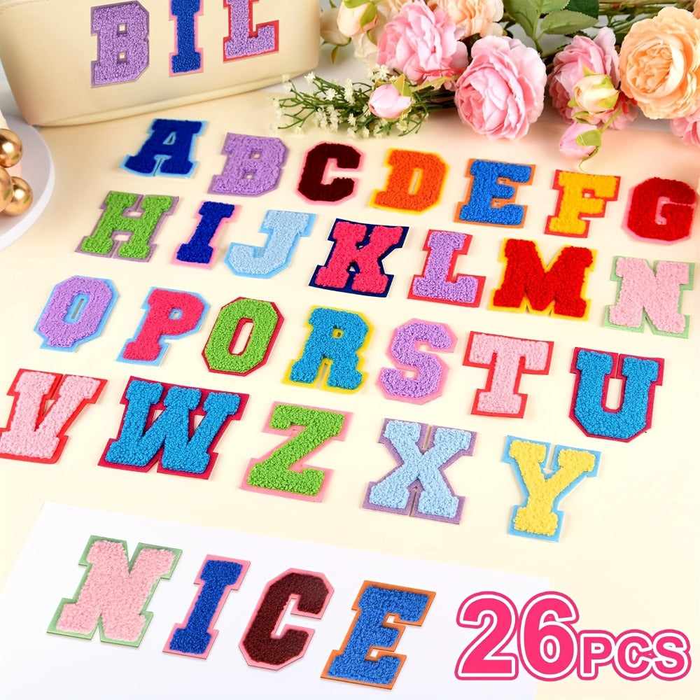 Chenille Letter Patches Self Adhesive A-Z 26pcs – Embroidered Alphabet Applique Stickers for Clothes Bags Hats Phone Cases — 