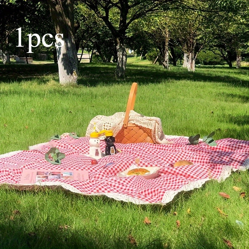 Tablecloth in Red Gingham Plaid with White Lace Edge for Picnic, Camping and Photo Backdrop Use — image 4