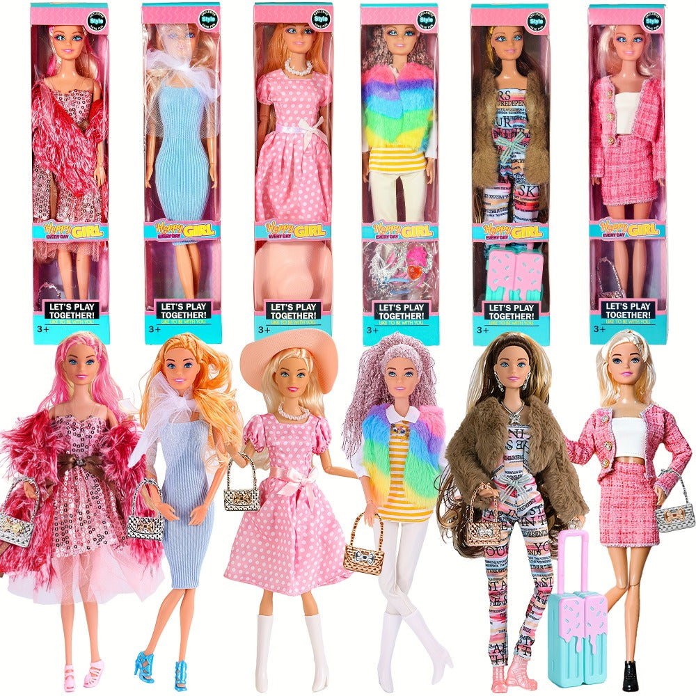 Six-Piece 11.5-Inch Fashion Doll Set with Mixed Outfits, Handbags, Hats, Necklaces and Suitcase Accessories — image 1