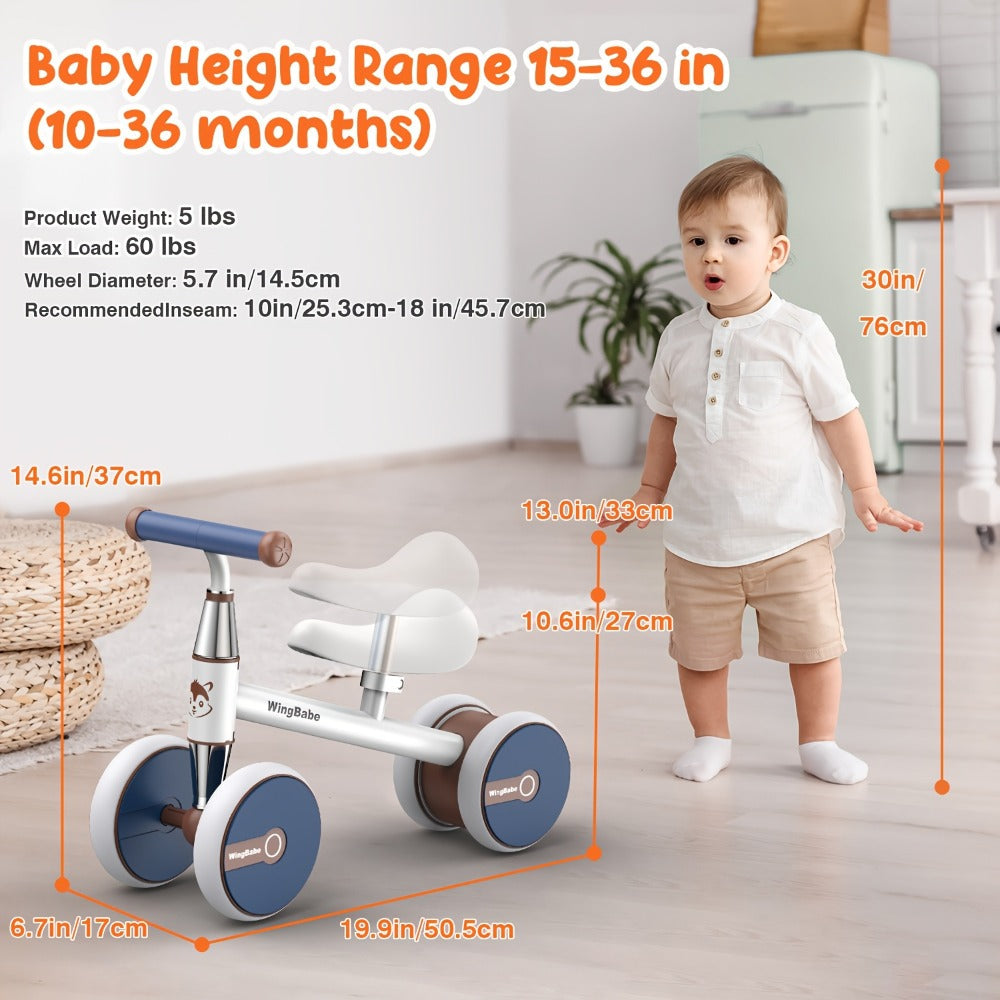 4 Wheel Balance Bike for Baby Toddlers 10-36 Months, First Bike with Adjustable Seat, 90° Steering Limit & Silent Anti-Slip T