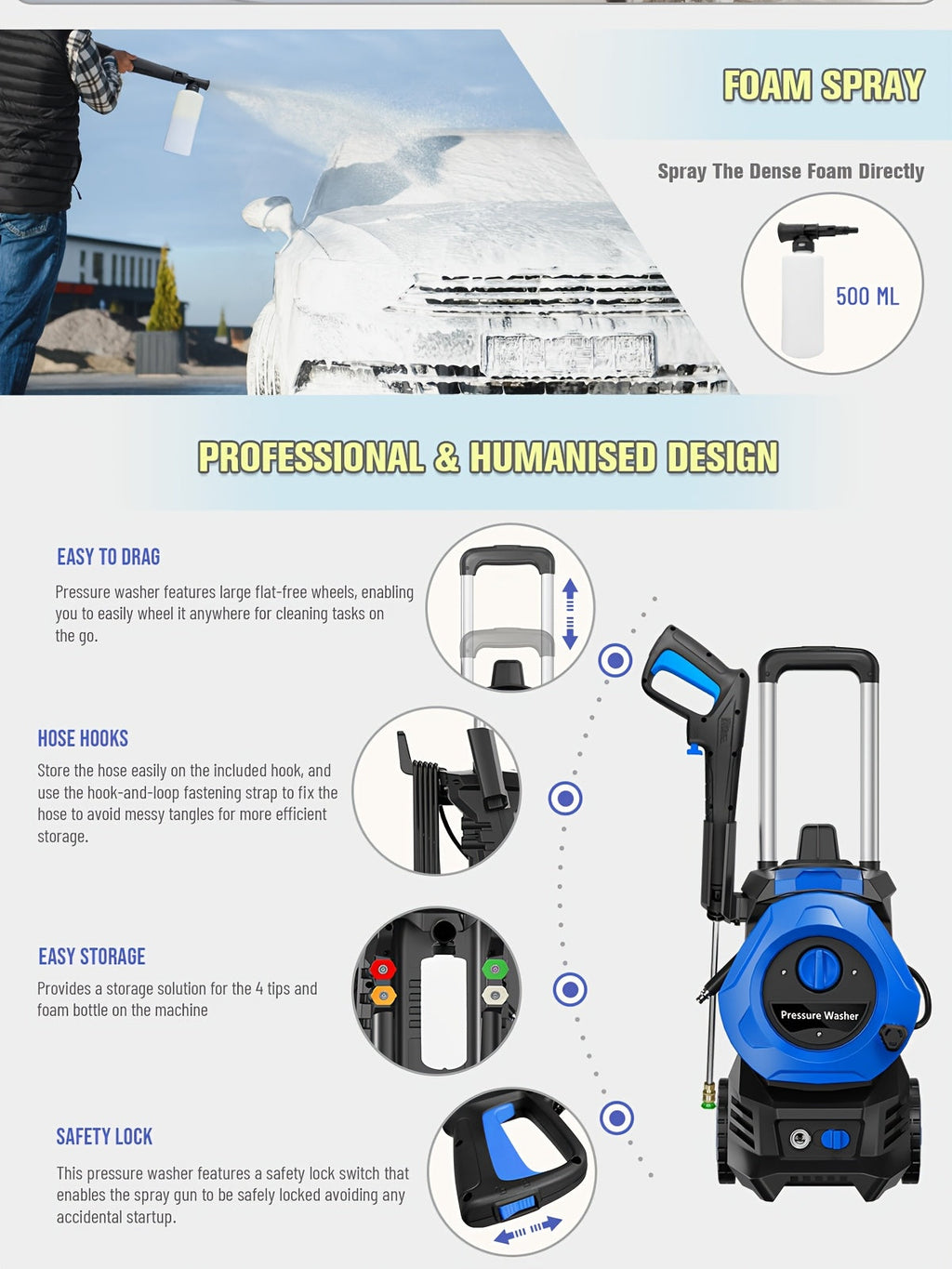 Pressure Washer Electric 4800PSI MAX 2.8 GPM, 25FT Hose, Foam Cannon & 4 Nozzles, Metal Construction Power Washer for Cars — 