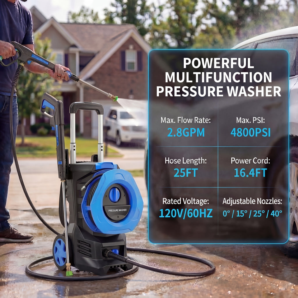 Pressure Washer Electric 4800PSI MAX 2.8 GPM, 25FT Hose, Foam Cannon & 4 Nozzles, Metal Construction Power Washer for Cars — 