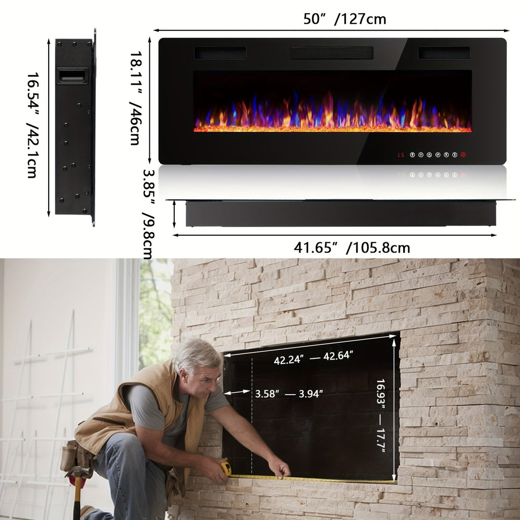 Wall Mounted Electric Fireplace Recessed In-Wall Linear Heater Multicolor Flame 750W/1500W Touch Screen for Garden, Patio and