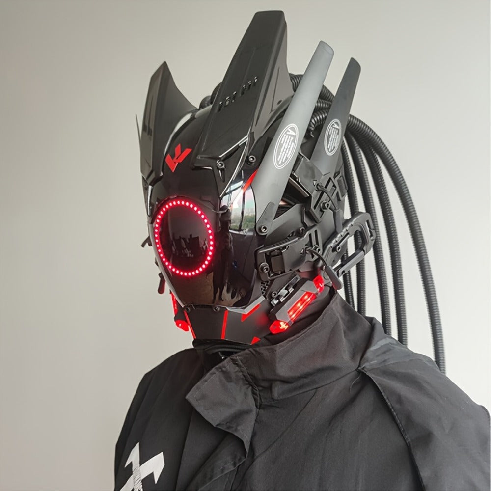 LED Braided Cyberpunk Costume Helmet with Circular Face Light and Blue, Green or Pink Accent Styles — image 19