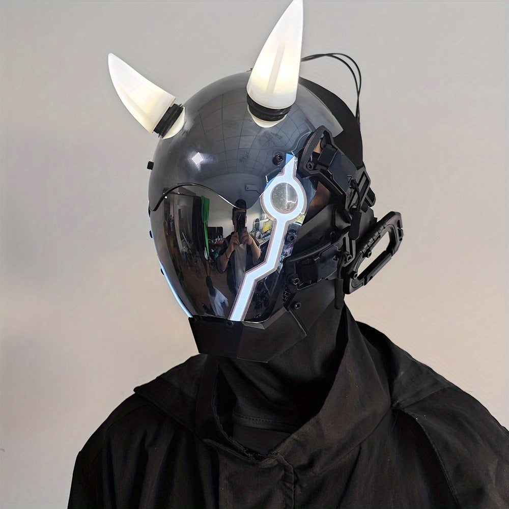 Pink LED Cyberpunk Costume Mask with Horned Full-Face Helmet, Reflective Visor and Lighted Accent Lines — image 19