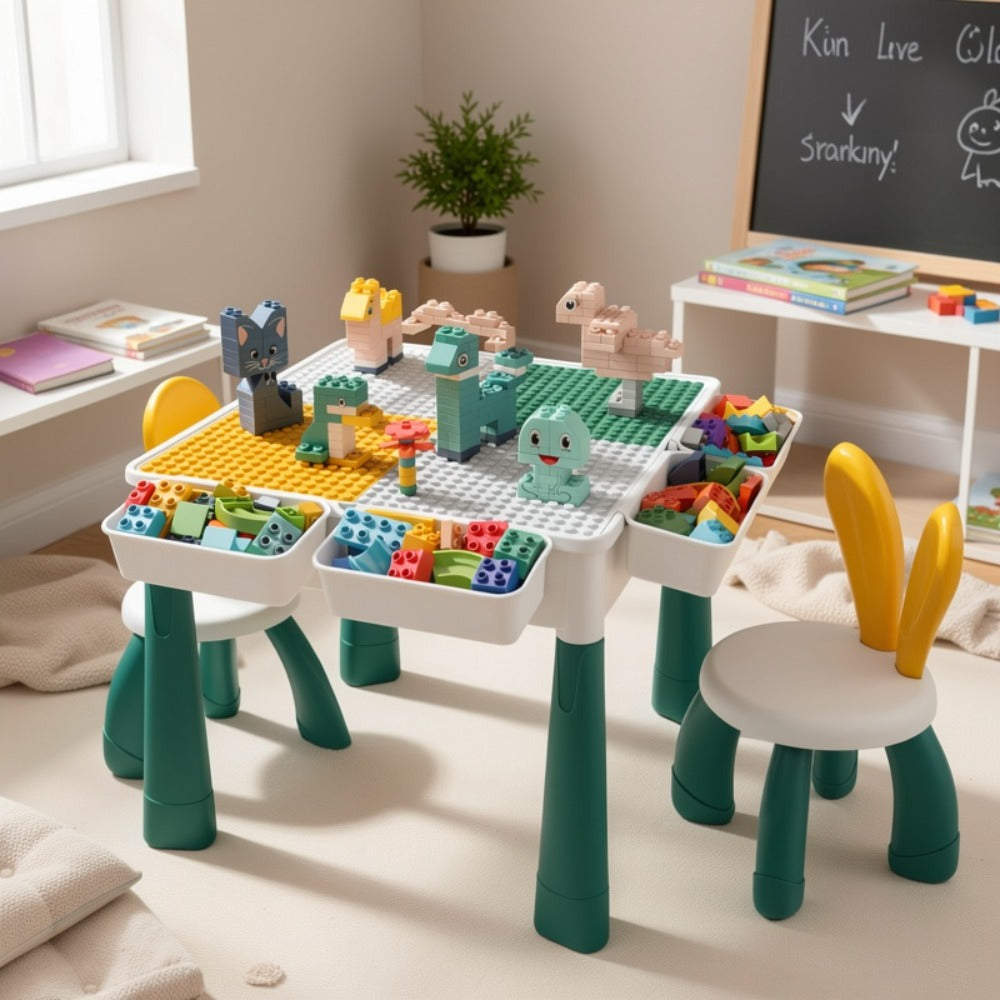 Kids Activity Table Building Blocks LEGO Compatible Play Table for Toddlers, Durable ABS Plastic Space-Saving Corner Design —
