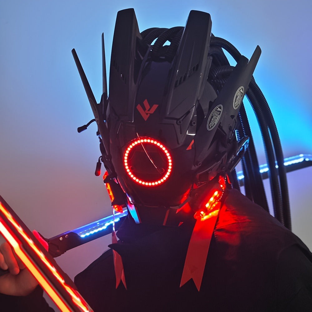 LED Braided Cyberpunk Costume Helmet with Circular Face Light and Blue, Green or Pink Accent Styles — image 6