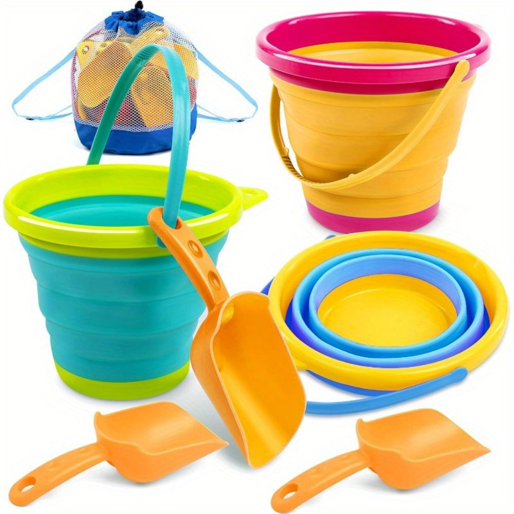 Collapsible Beach Bucket Set 3-Pack with Shovels & Mesh Backpack, Foldable Sand Pail Kit for Kids — image 5