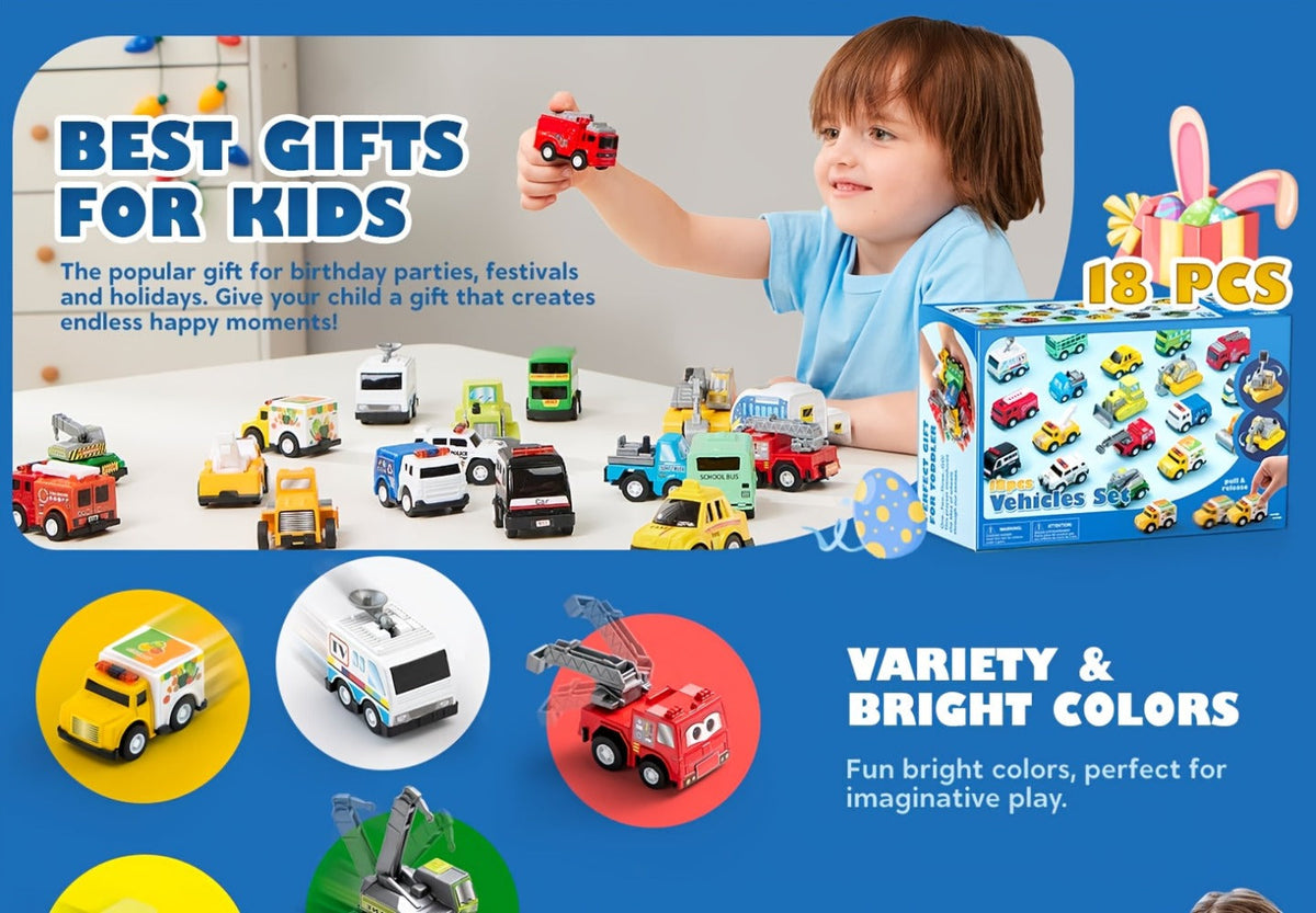18-Piece Pull Back Mini Cars Set for Kids, City Vehicles Fire Truck Police Car School Bus Freight Train — image 11