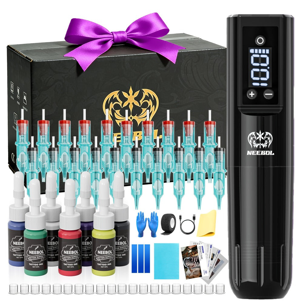 Tattoo Machine Kit Neebol Wireless Pen with Screen Display, 10 Cartridges, 7 Inks and Four Color or Pro Options — image 3