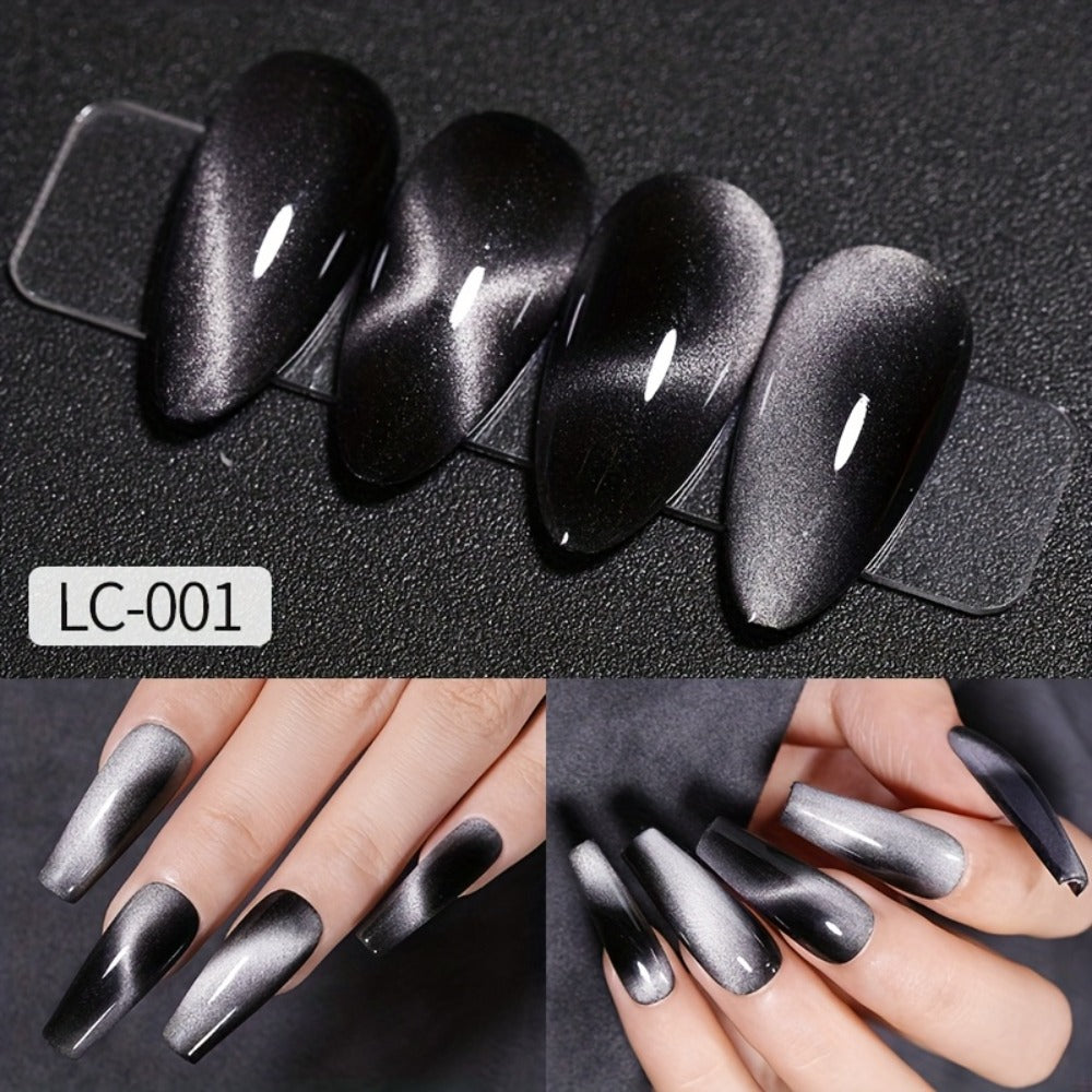 Gel Nail Polish 8-Piece Aurora Magnetic Cat-Eye Set with Black-Crystal Glitter and 3D Light-Shifting Finish for UV/LED Cure —