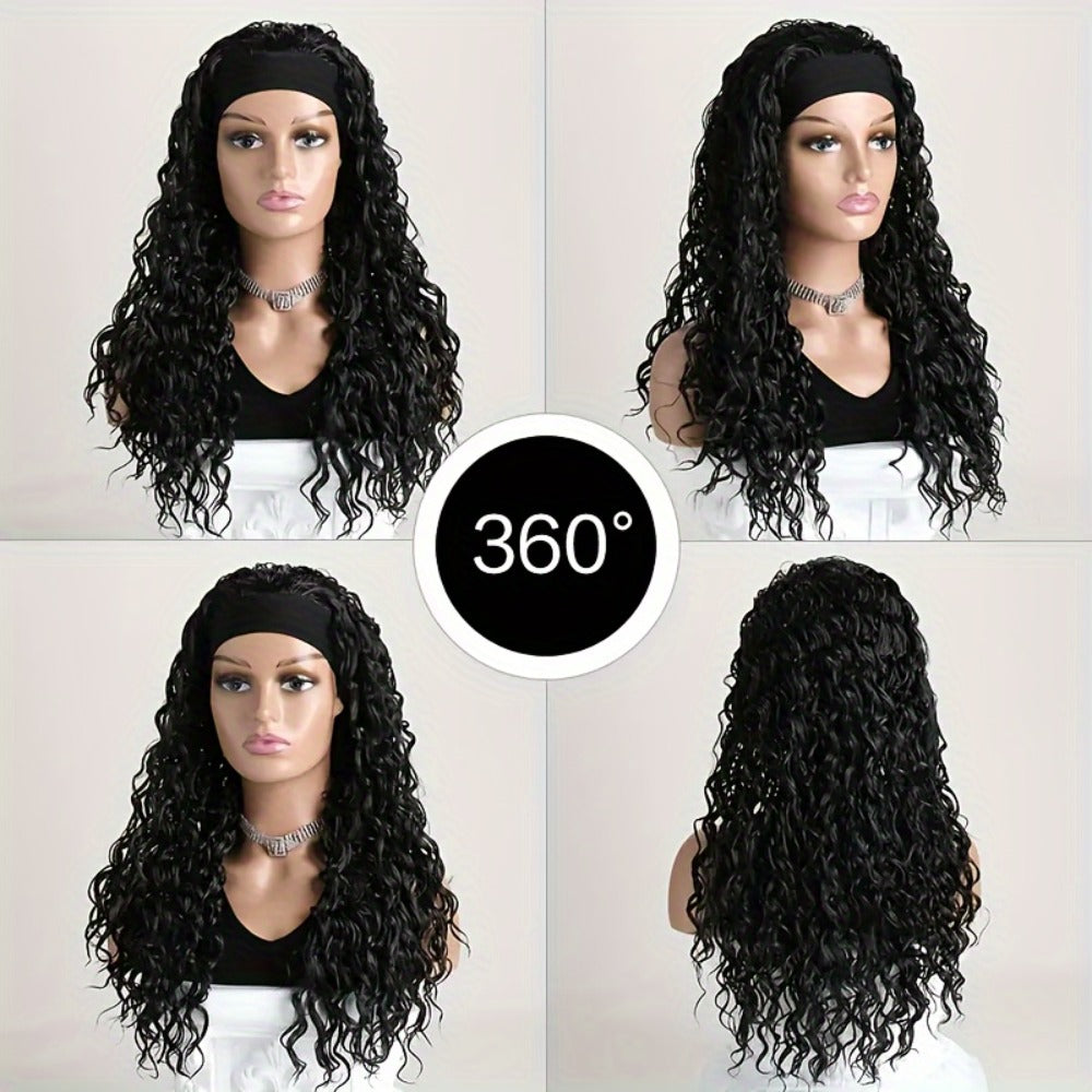 Headband Wig Curly Wavy for Women Black Synthetic Glueless No Lace – Elastic Cap Heat Resistant Beginner Friendly for Daily W
