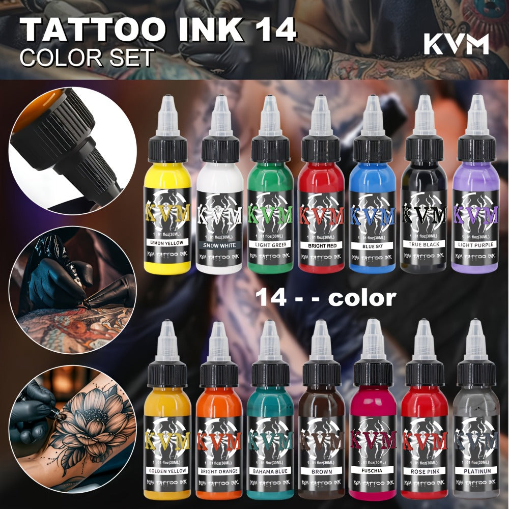 Tattoo Ink 7- or 14-Color Set with 1oz 30ml Bottles and Three Palette Configurations with Item-Specific Color, Capacity and B