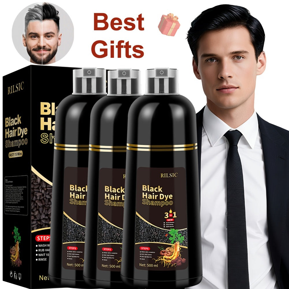 Hair Dye Shampoo, RILSIC Three-Pack of 500ml Bottles in Black, Brown, Dark Brown or Chestnut Brown — image 1