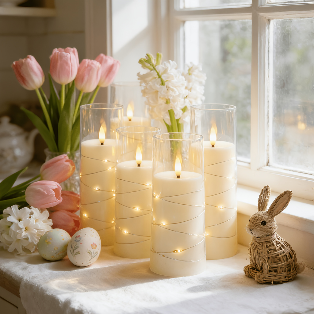 Flameless LED Candles with Remote Control Timer and Star String Lights Set of 5 or 7 Pillar Candles for Wedding Garden Home D