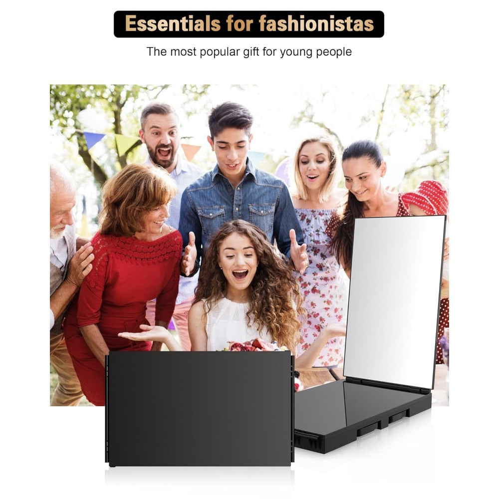 Hair Cutting Mirror 3 Way with LED Light – 360° View Trifold Barber Mirror, Adjustable Height, Door Hang Wall Mount or Tablet