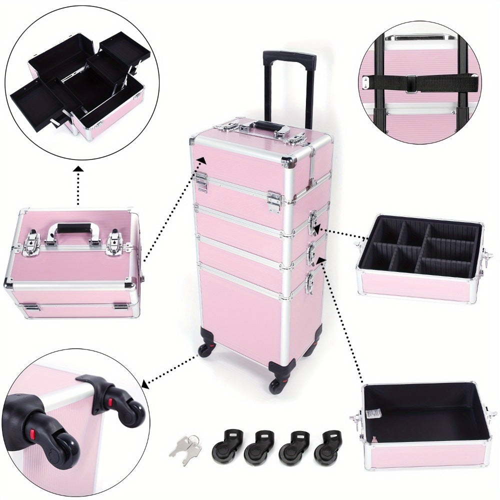 Rolling Makeup Case Aluminum 4-in-1 Extra Large Professional Cosmetic Trolley with 360° Swivel Wheels for Makeup Artist Tatto