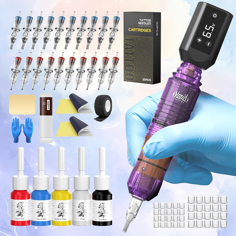 Cordless Tattoo Pen Kit Complete Set VOID 1200mAh Battery USB Type-C 20 Needles 5 Inks 40 Ink Caps Practice Skin Transfer Pap