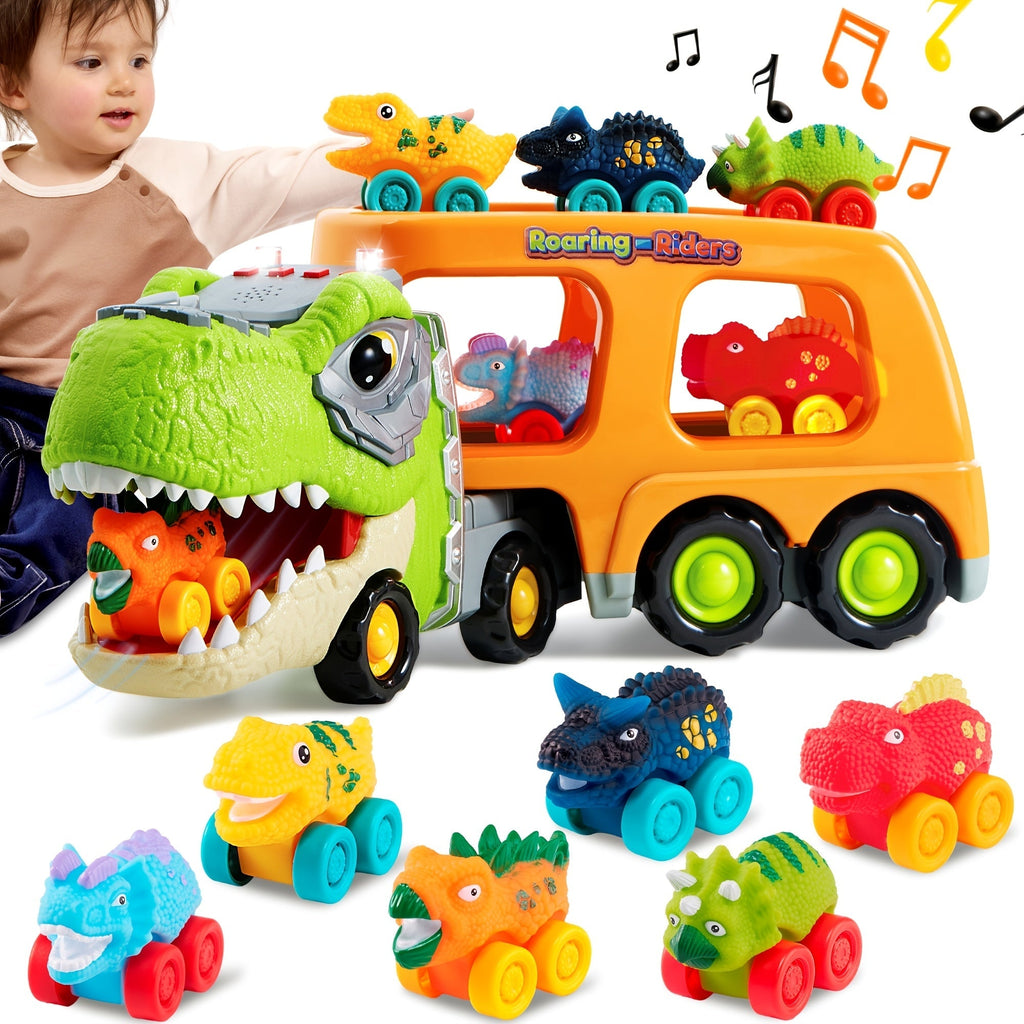 T-Rex Carrier Truck Toy with 6 Mini Rubber Dinosaur Cars LED Lights with the Listed Color, Size or Set Options for Everyday U