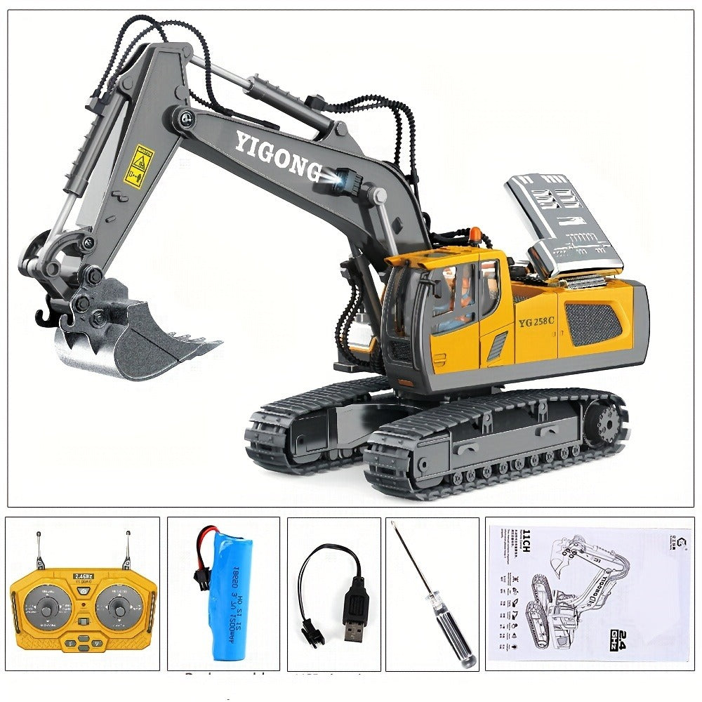 RC Excavator Toy 1:24 Scale 2.4GHz 9-Channel Remote Control with Alloy Metal Cap Lights & Sound Rechargeable Battery — image 