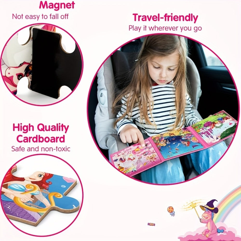 Magnetic Puzzle Book for Girls 3 4 5 6, 3-in-1 Unicorn Mermaid Princess Travel Puzzles, 20 Pieces Folding Magnetic Jigsaw for