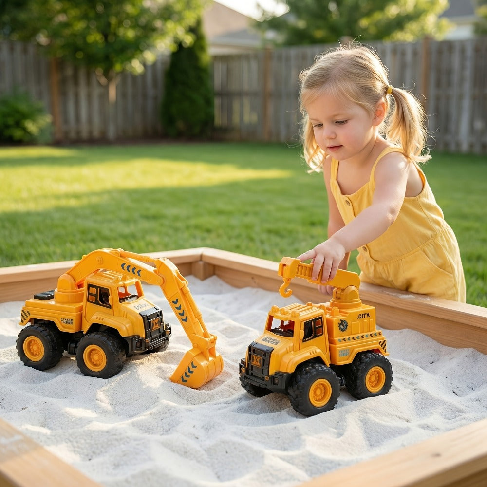 4-Piece Construction Truck Set for Kids, Excavator Dump Truck Crane Cement Mixer Sandbox STEM Engineering Vehicle Playset — i