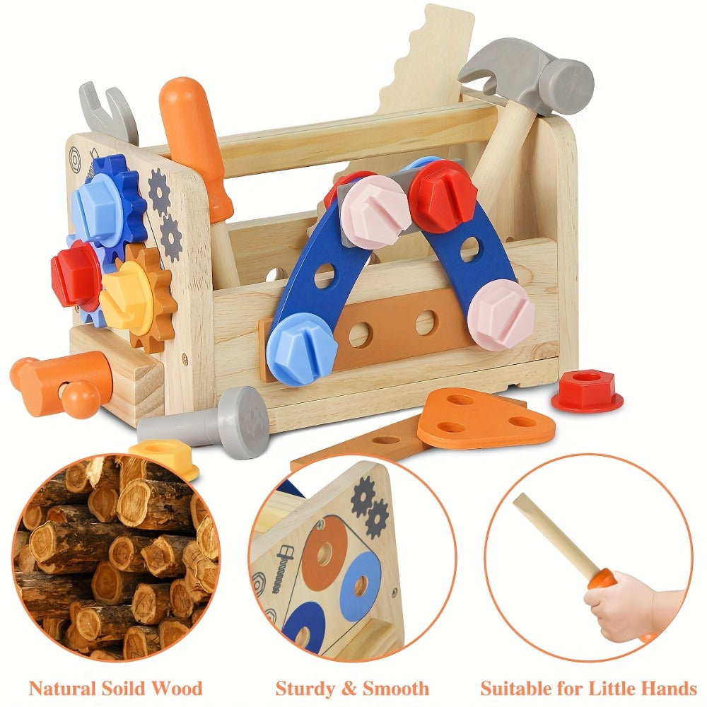 39-Piece Wooden Pretend Tool Set with Vest, Toolbox, Instruction Sheet and Six Example Builds — image 6