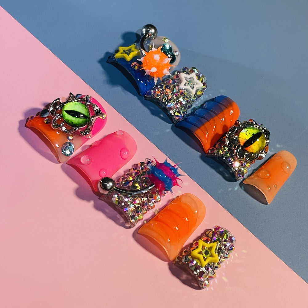 Press On Nails Handmade Y2K Duckbill Set with 3D Eye Barbell Star Rhinestone Charms and S M L Sizes — image 11