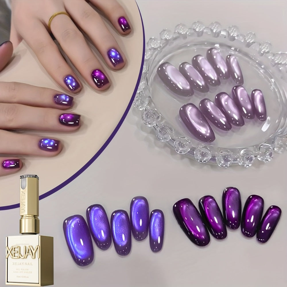 Gel Nail Polish Set with XEIJAYI Label, 4 Purple Iridescent Cat Eye Colors and M130 Gel Shade — image 2