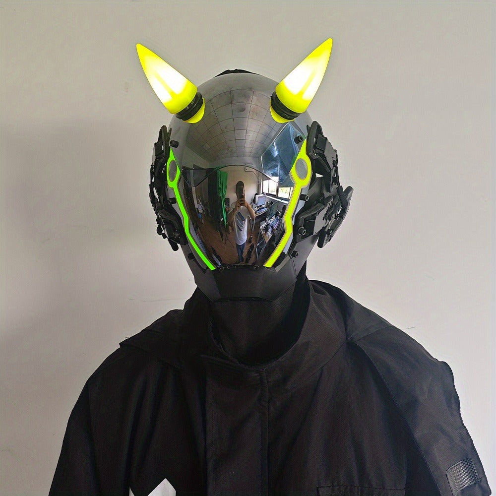 Pink LED Cyberpunk Costume Mask with Horned Full-Face Helmet, Reflective Visor and Lighted Accent Lines — image 25