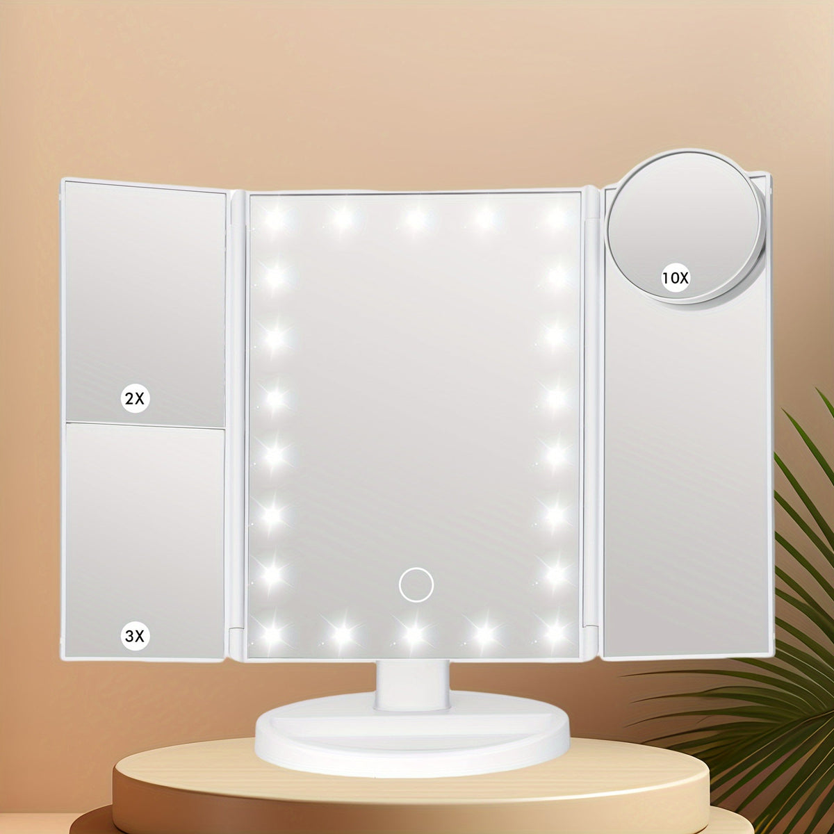 Trifold LED Vanity Mirror with 1X 2X 3X 10X Magnification Touch Screen Adjustable Brightness, for Makeup, Travel and Everyday