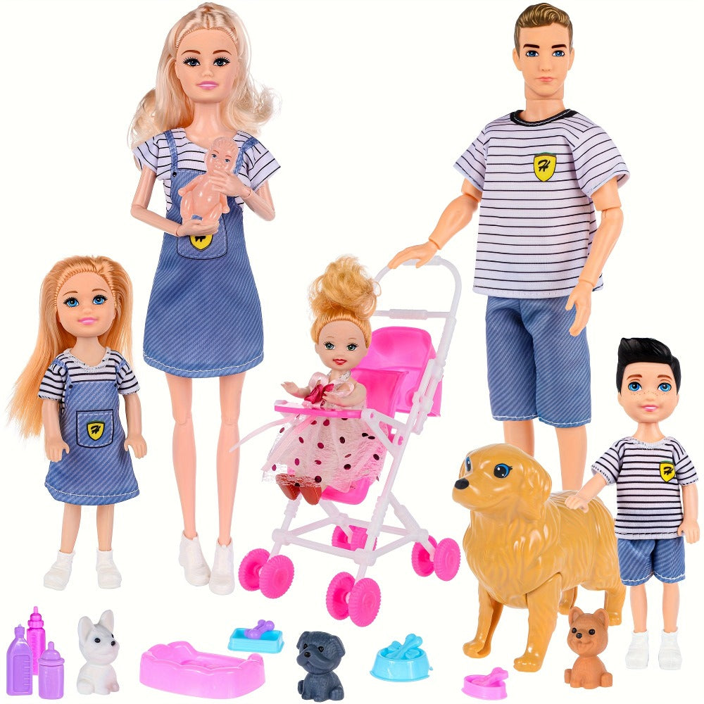 Family Doll Set with Pets & Accessories, 6 Poseable Collectible Dolls with Puppies, Handcart & Changeable Clothes — image 1