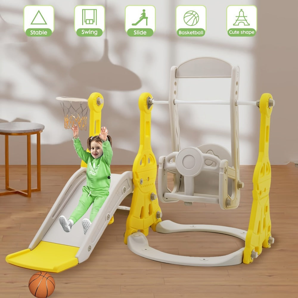 4-in-1 Toddler Slide and Swing Set with Climber Basketball Hoop Outdoor Indoor Backyard Playground Playset for Kids Ages 1-6 