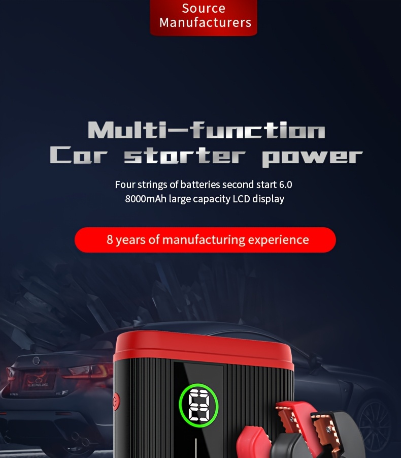 Lithium Jump Starter 3000A 8000mAh 12V Battery Pack USB-C Recharge Round LED Display for 6.0L Diesel for Garden, Patio and Ya