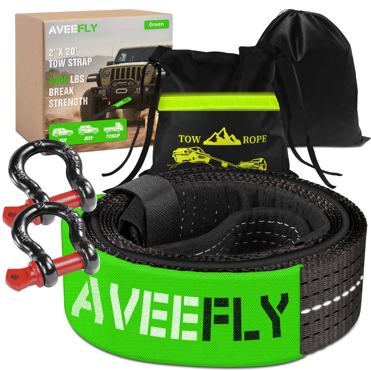 Recovery Tow Strap 4-in-1 Kit 4000-6000 LBS – Off-Road Emergency Strap with D-Ring Shackles, Safety Flag & Storage Bag for Tr