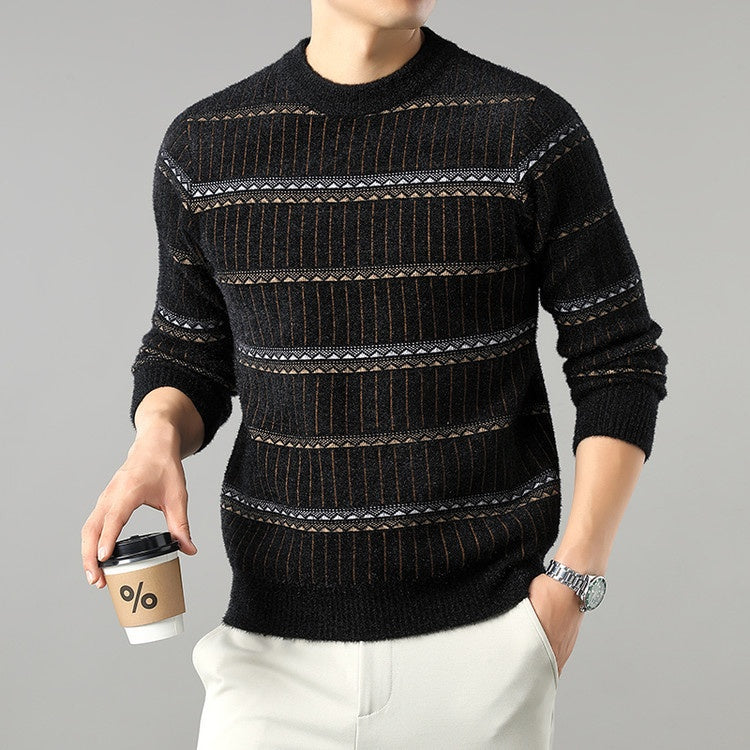 Mens Knitted Fleece-lined Thick Crew-neck Faux Mink Sweater