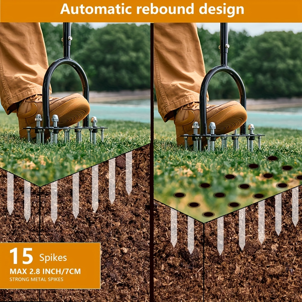 Self-Cleaning Lawn Aerator with 14 Iron Spikes – Spring-Loaded Auto-Clean Mechanism for Leaves & Dirt, Manual Soil Loosening 