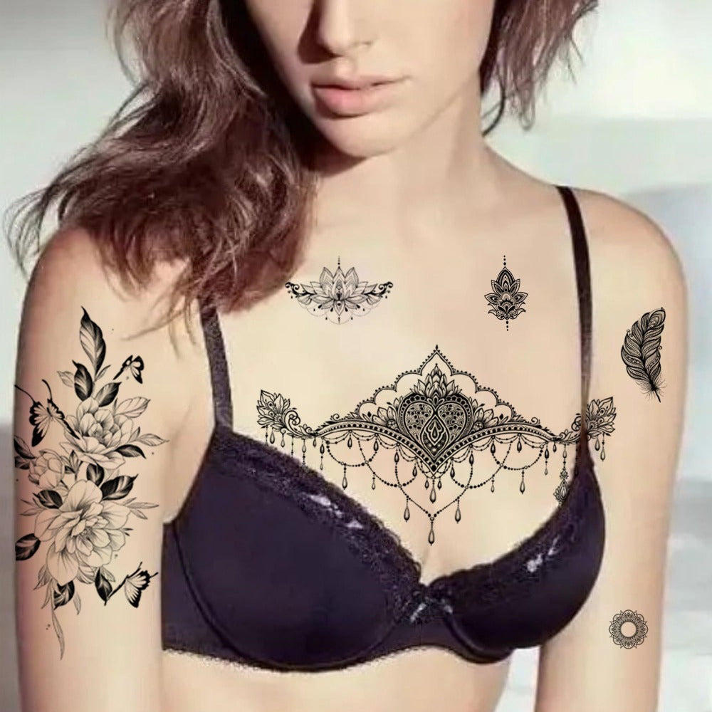 Temporary Tattoos, 10-Sheet Large Black Body Art Set with 60-Plus Floral, Ornamental and Symbol Motifs — image 4