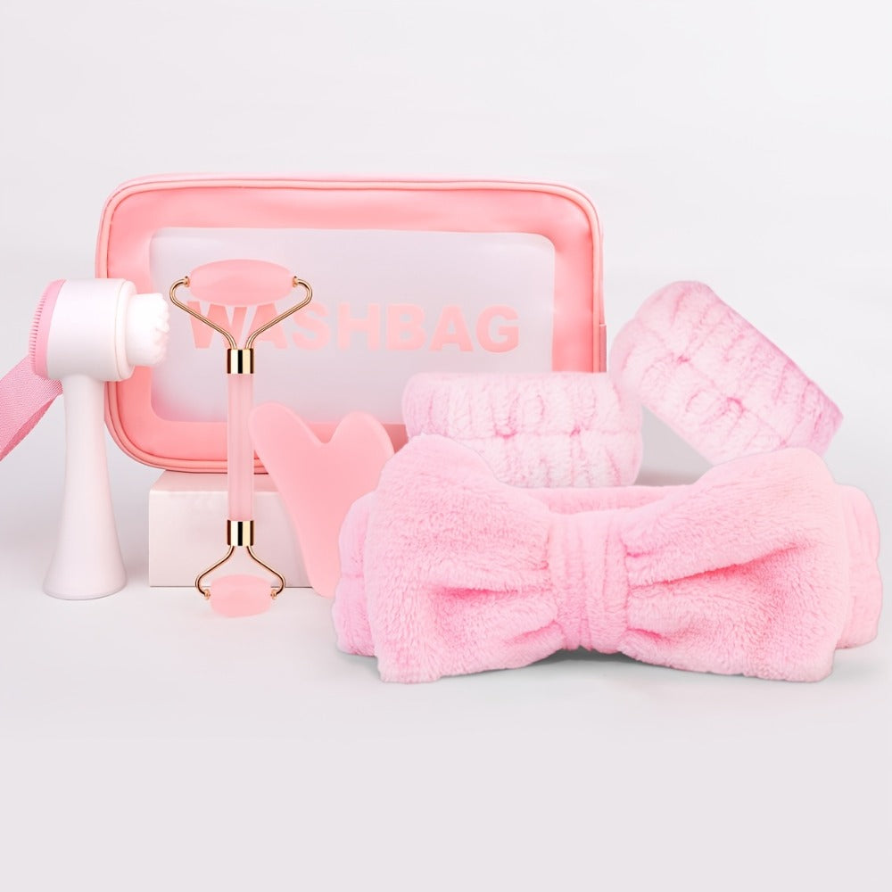 Facial Cleansing Massage Set 7Pcs Silicone Face Brush Double-Headed Roller Massager Heart Scraping Board Wristbands Hair Band